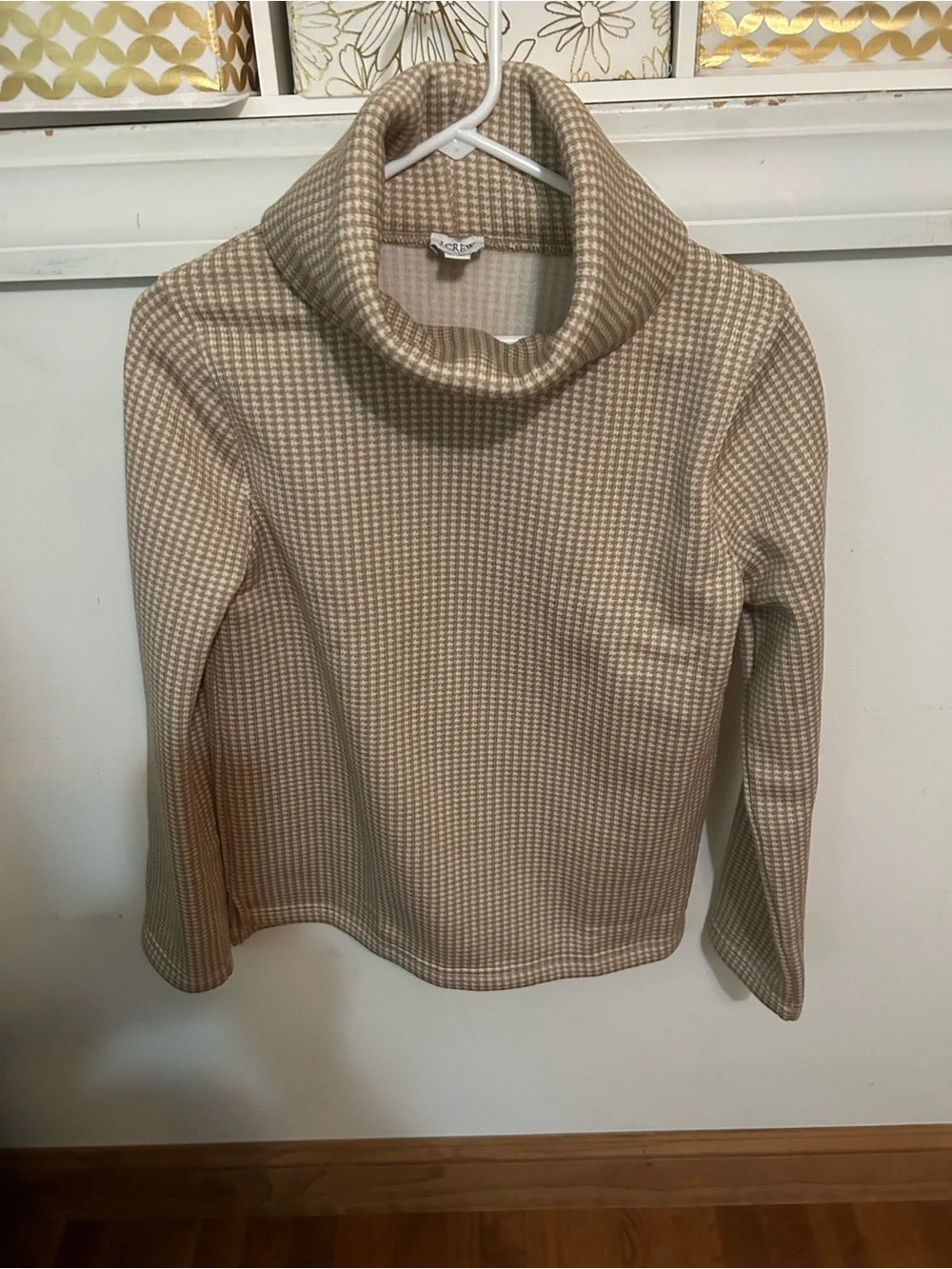 J. Crew Tan and Cream Houndstooth Cowl Neck Sweater